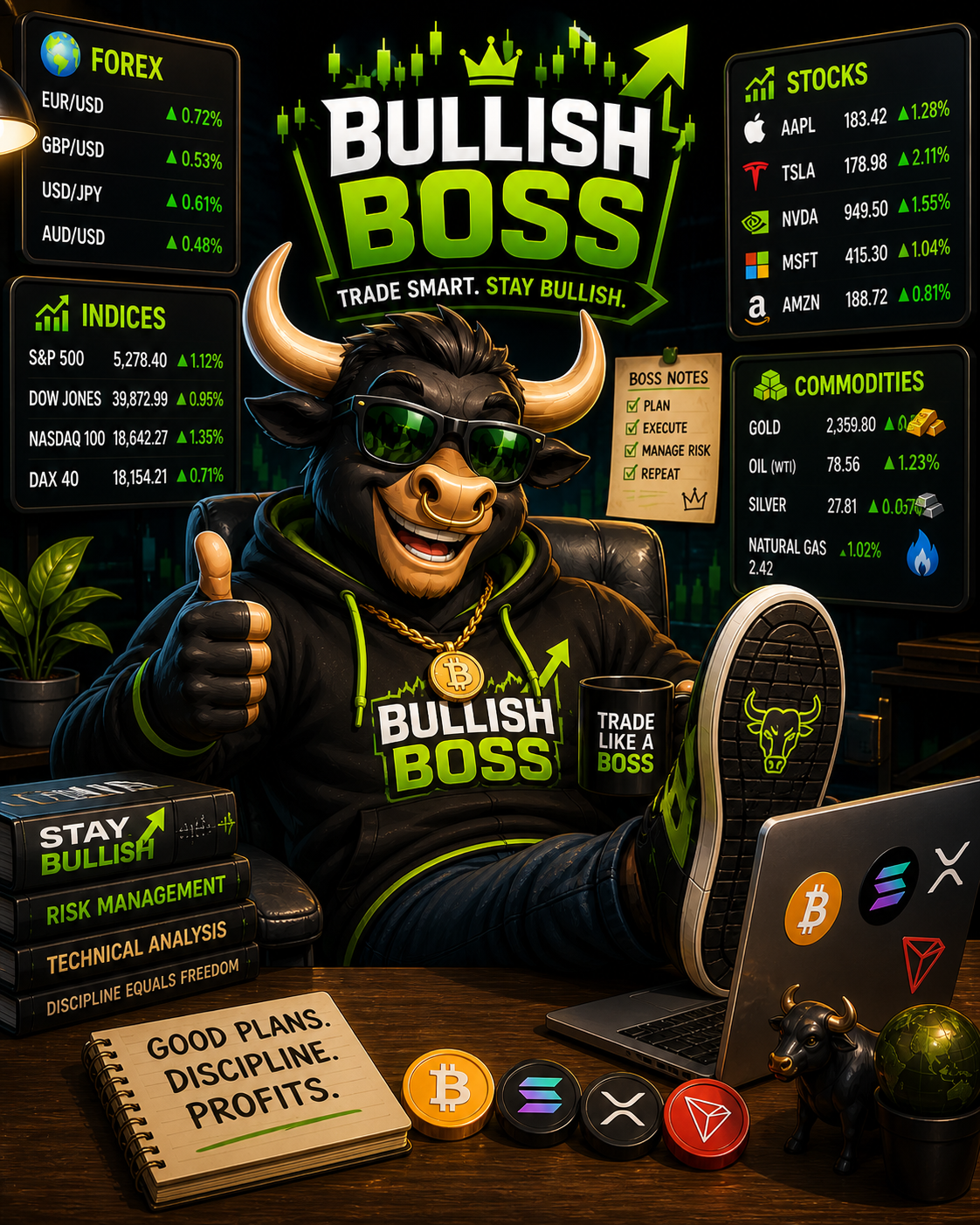 The Bullish Boss — trading mascot seated at his trading desk
